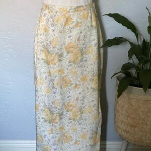 Jones New York vintage 100% linen yellowcream floral maxi wrap skirt cottagecore